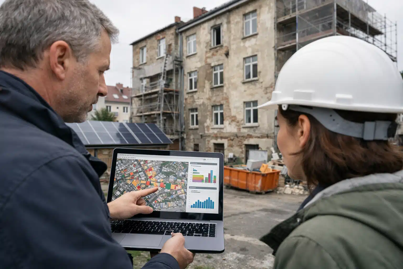 Deux personnes consultant graphiques énergétiques, panneaux solaires visibles