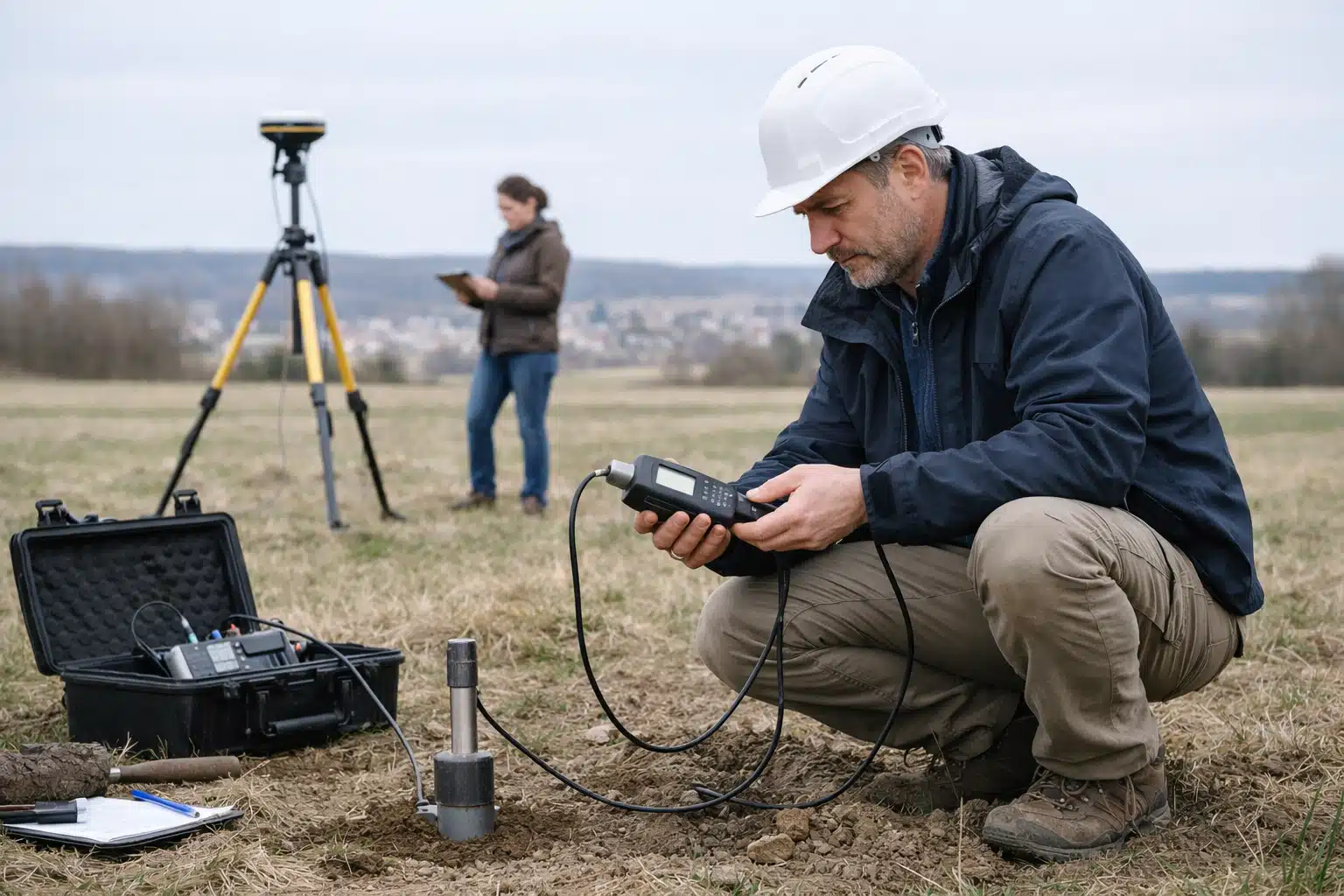 Technicien portant un casque testant le sol avec appareil