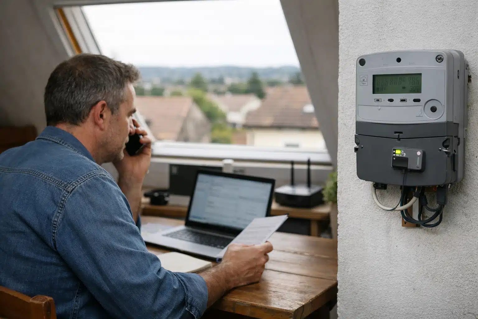 Homme travaillant au bureau, appelant et tenant des papiers