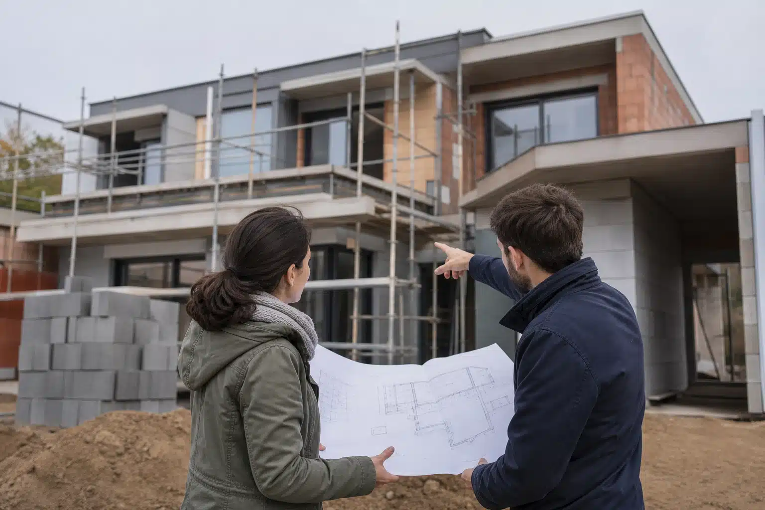 Deux personnes consultant les plans devant maison en construction