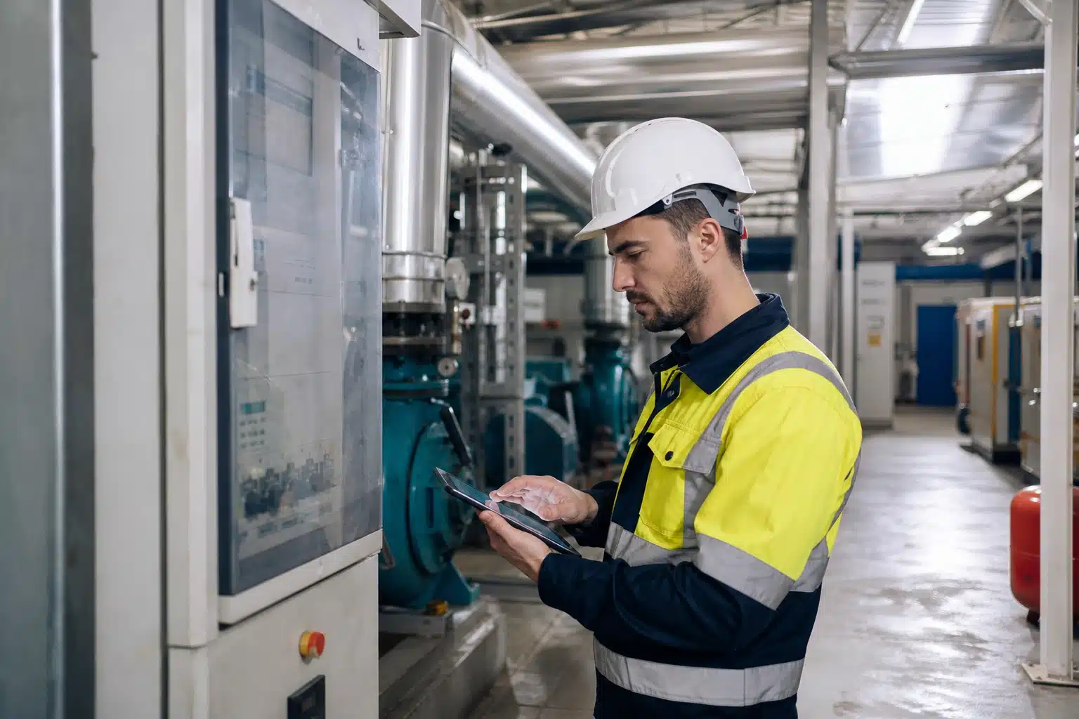 Technicien en casque et gilet haute visibilité consultant une tablette