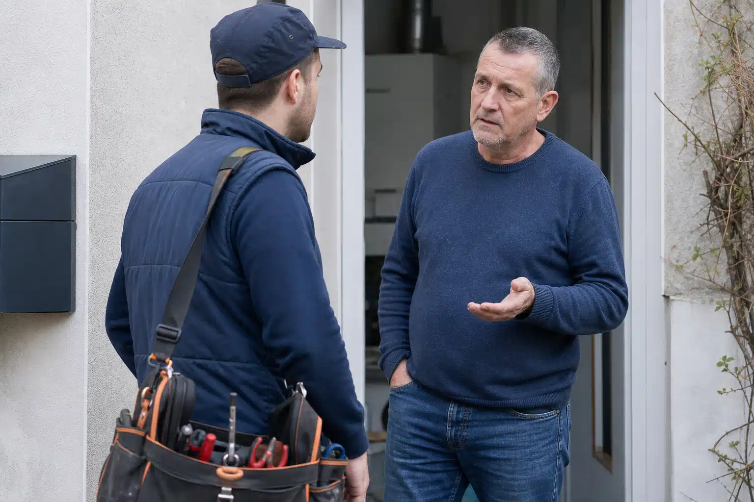 Artisan en casquette avec ceinture à outils discutant avec propriétaire